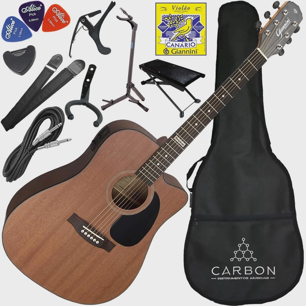 Kit Completo Violão Aço Eletroacústico Folk Giannini Gf1d Ws
