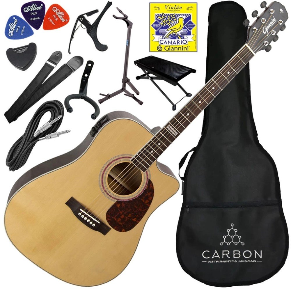 Kit Completo Violão Eletroacústico Folk Aço Giannini Gf1d Nt