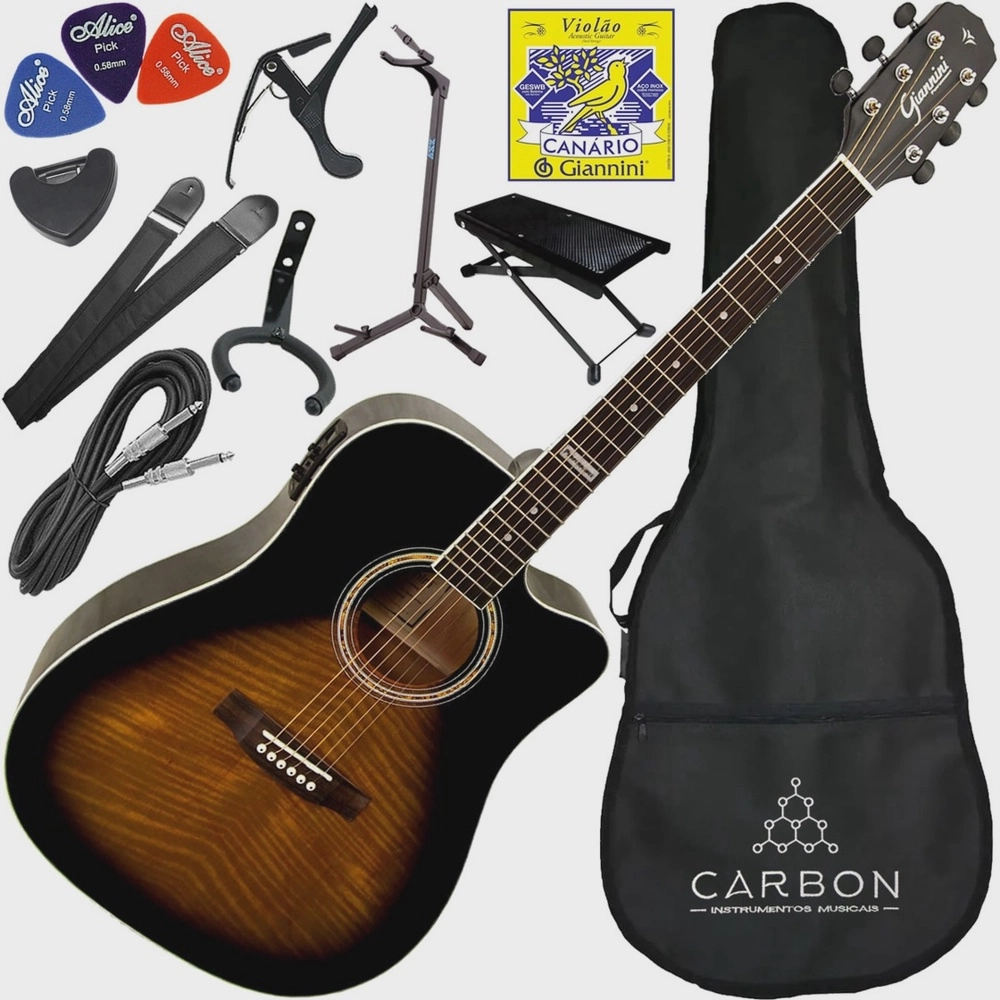 Kit Completo Violão Eletroacústico Folk Giannini Gf1d Ts