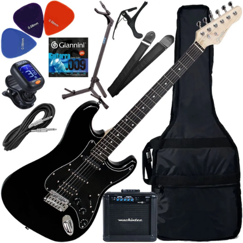 Kit Guitarra Elétrica Stratocaster Giannini G101 BK/BK Preto Gx03