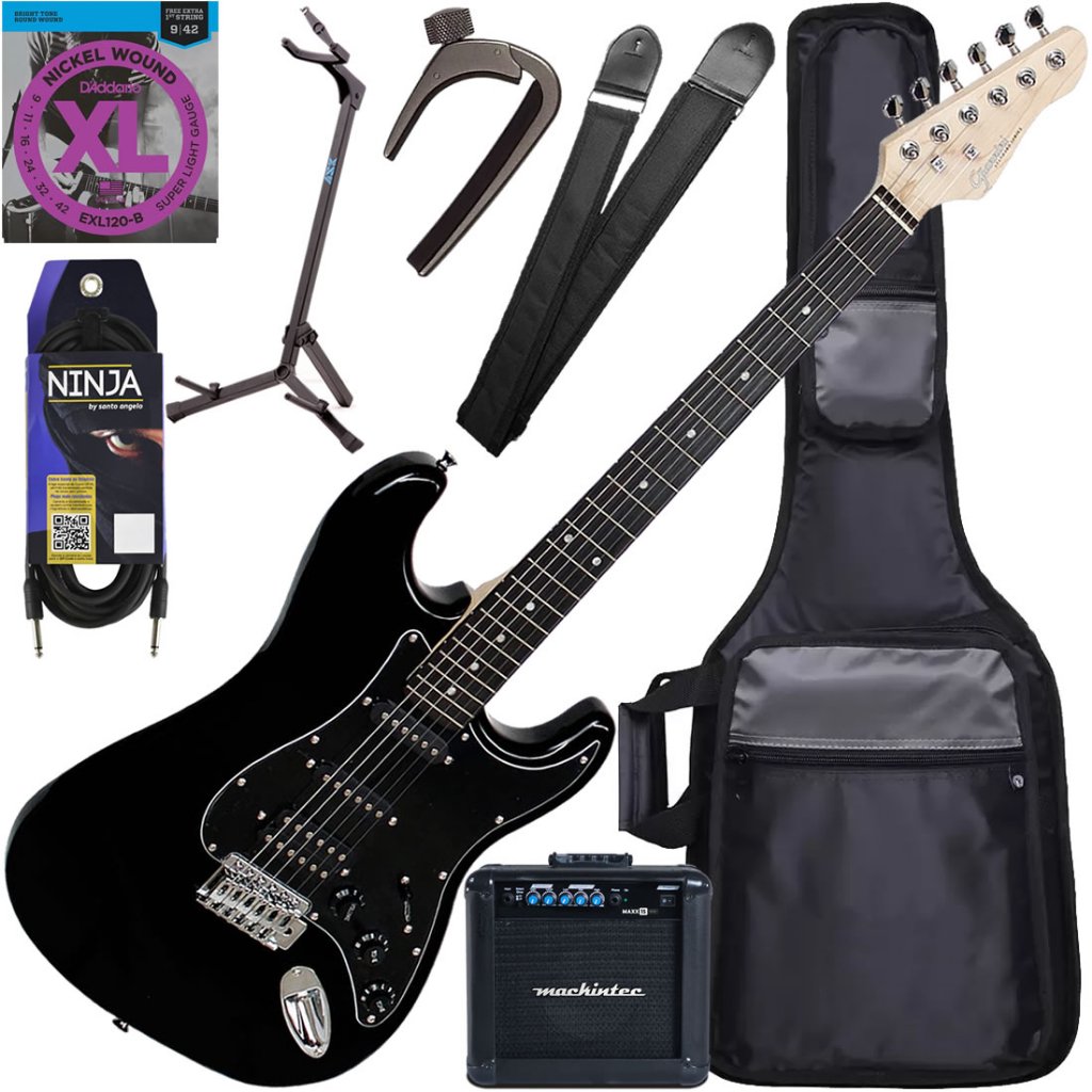 Kit Guitarra Elétrica Stratocaster Giannini G101 BK/BK Preto Gx04