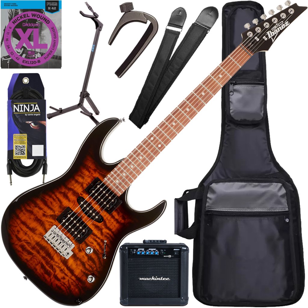 Kit Guitarra Ibanez Gio GRX-70 QA HSH Sunburst Gx04 Com 10% OFF na