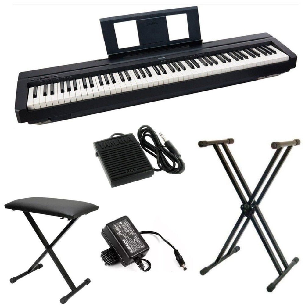 Kit Piano Digital P45 Preto 88 Teclas Sensitivas Yamaha + Suporte X + Banqueta X + Pedal + Fonte