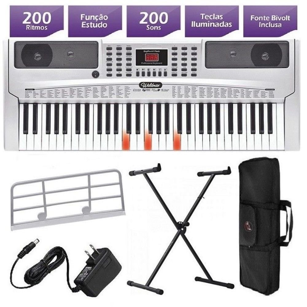 Kit Teclado Musical KeyPro Flash 61 Teclas Iluminadas + Fonte + Suporte X + Capa - Waldman