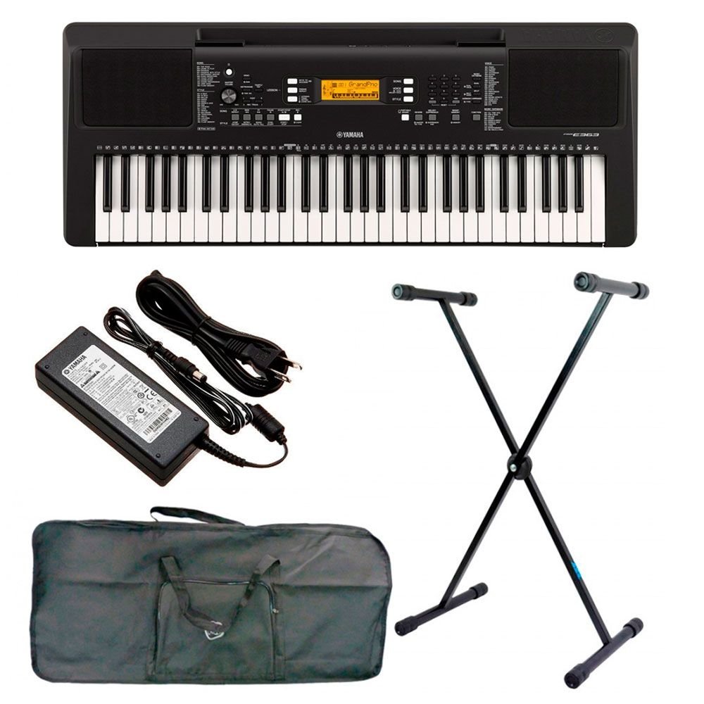 Kit Teclado Musical Yamaha Arranjador PSR-E363 61 Teclas Sensitivas + Suporte + Capa + Fonte