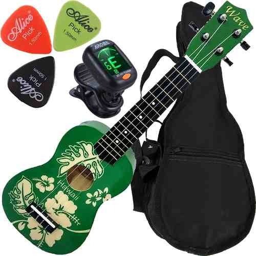 Kit Ukulele Soprano Acústico Wave Nylon Verde Havaí Uk01