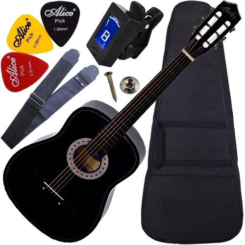 Kit Violão Acústico Barato Nylon Preto C/ Capa + Acessórios