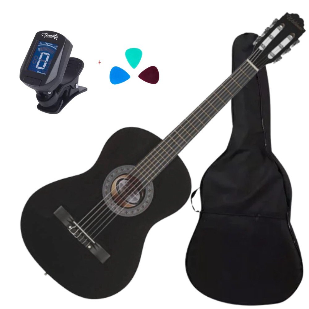 Kit Violão Acústico Cordas de Nylon Preto PP-1 bk Waldman + Capa + Afinador + 3 Palhetas