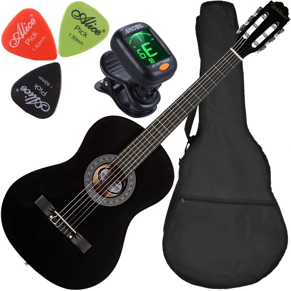 Kit Violão Acústico Waldman Popstar Pp1 Preto Cordas Nylon