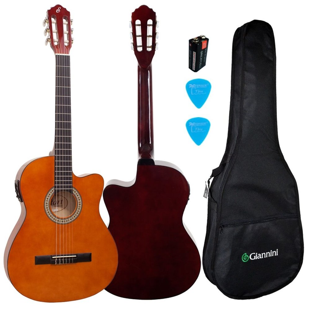 Kit Violão Elétrico Clássico Flat Nylon Nf14 Nt Natural Giannini Simples