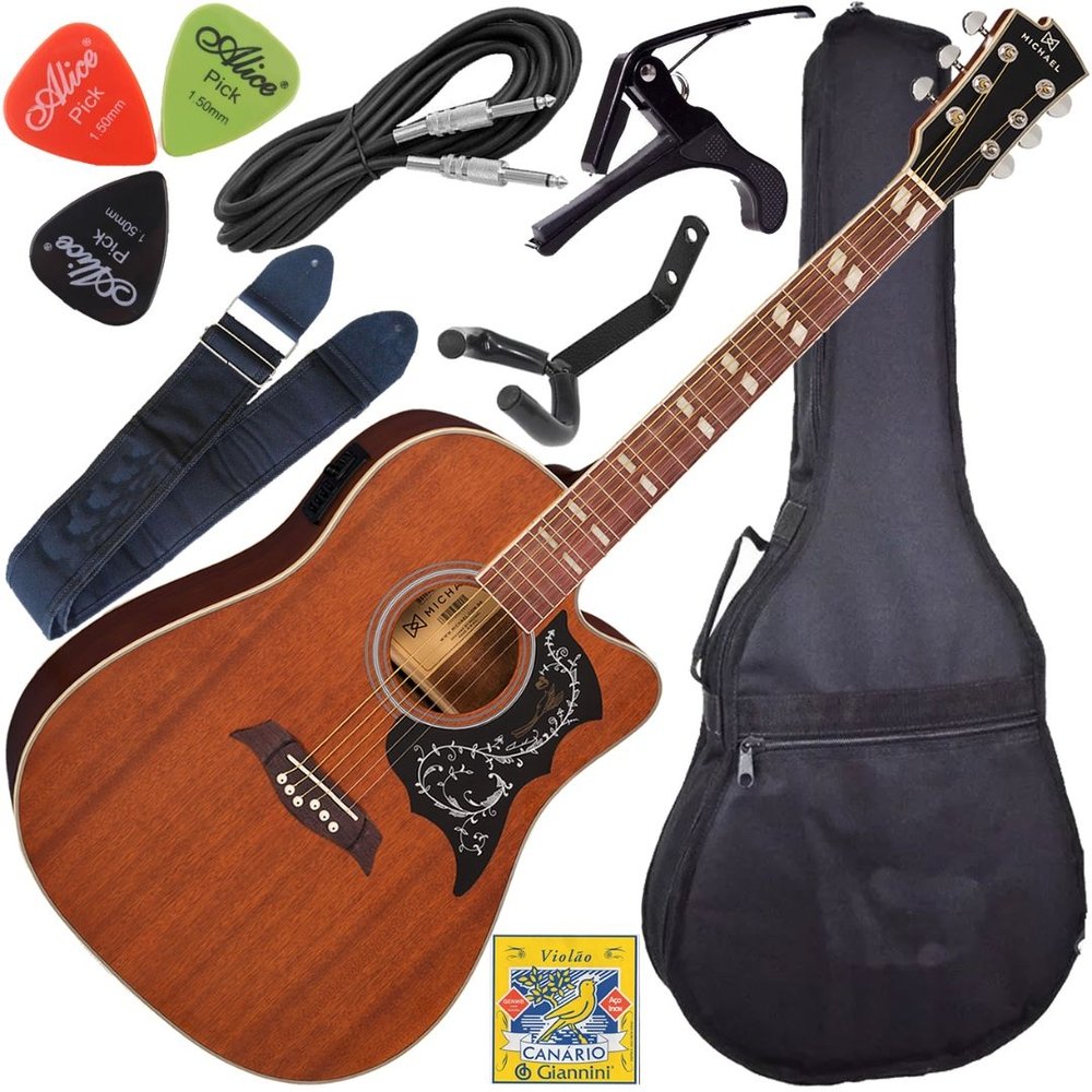 Kit Violão Elétrico Folk Michael Cutaway Vm925 Dtc Mahogany