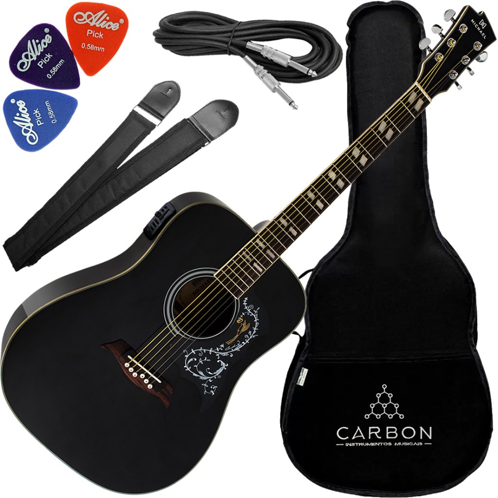 Kit Violão Elétrico Folk Michael VM925DT BK Galaxy Preto Vx01