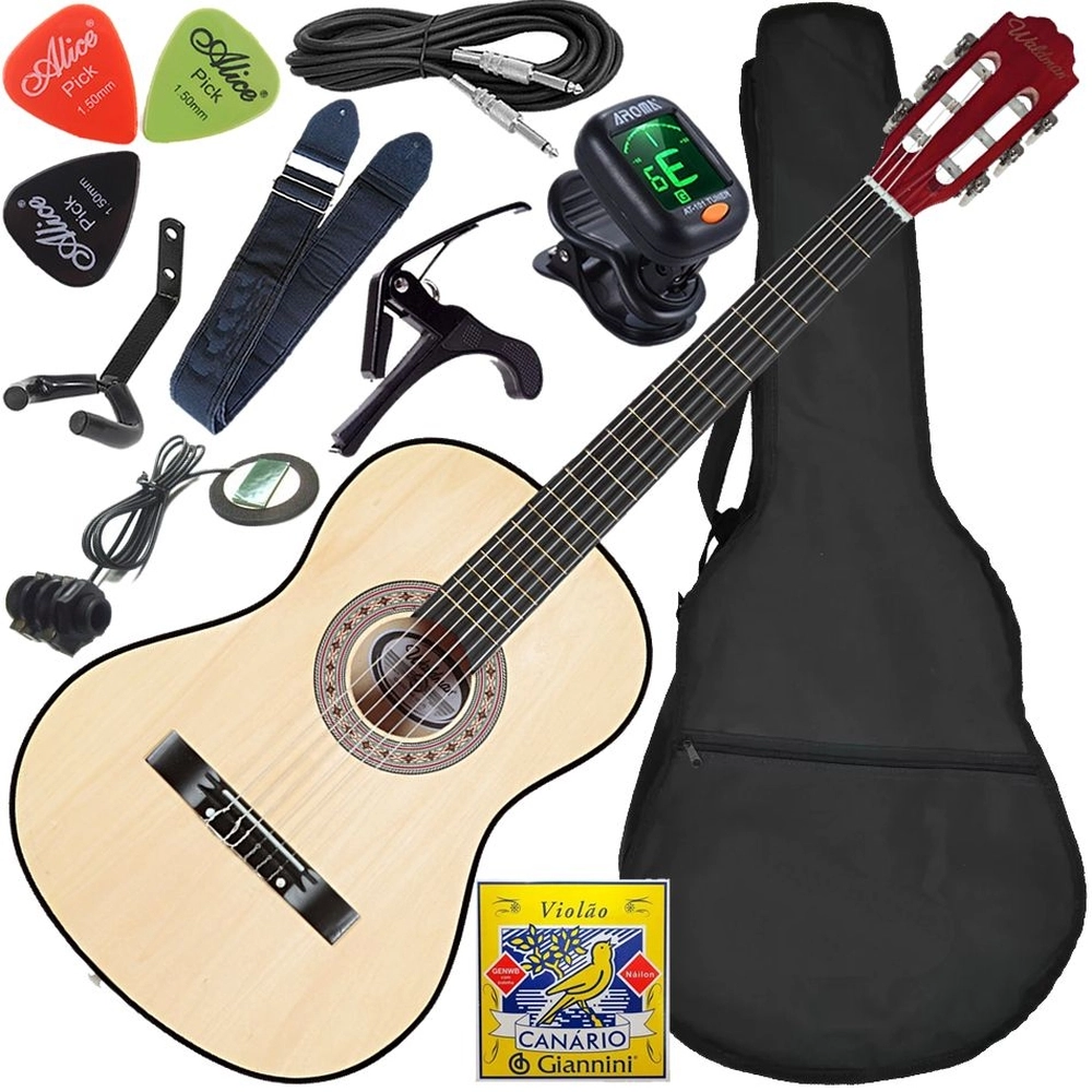 Kit Violão Elétrico Waldman Popstar Pp1 Natural Cordas Nylon Completo