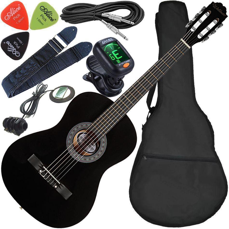 Kit Violão Elétrico Waldman Popstar Pp1 Preto Cordas Nylon