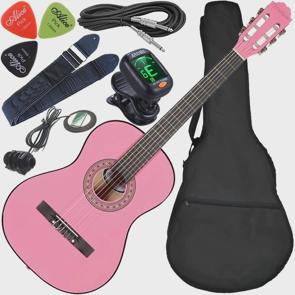 Kit Violão Elétrico Waldman Popstar Pp1 Rosa Cordas Nylon C/ Acessórios