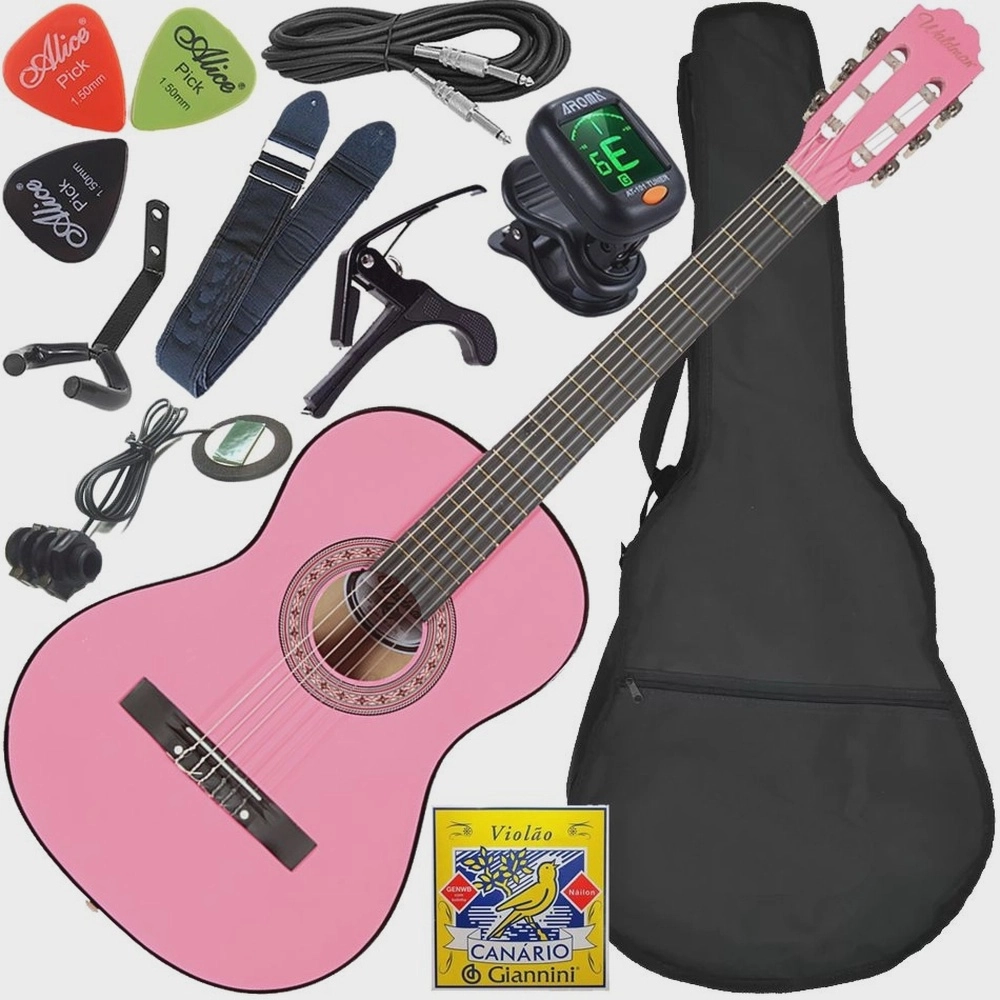 Kit Violão Elétrico Waldman Popstar Pp1 Rosa Cordas Nylon Completo