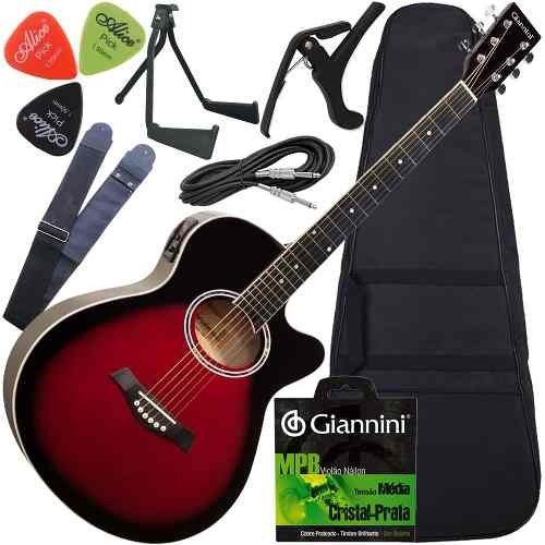 Kit Violão Folk Aço Eletroacústico Gsf1r Giannini Vermelho