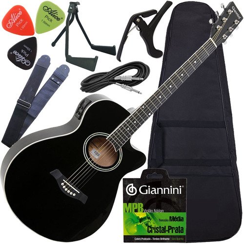 Kit Violão Folk Eletroacústico Aço Gsf1r Giannini Preto