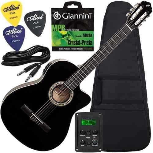 Kit Violão Giannini Eletroacústico Capa Cordas Cabo Nf14 Bk
