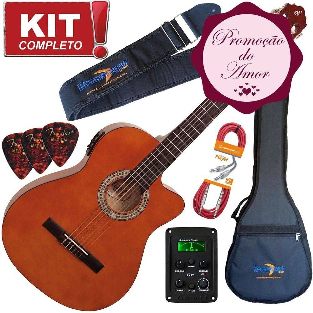 Kit Violão Giannini Flat Eletroacústico Nf14 Nt Nylon Com Afinador + Correia + Capa + Cabo + Palheta