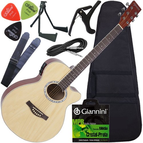Kit Violão Giannini Folk Eletroacústico Aço Gsf1r Natural