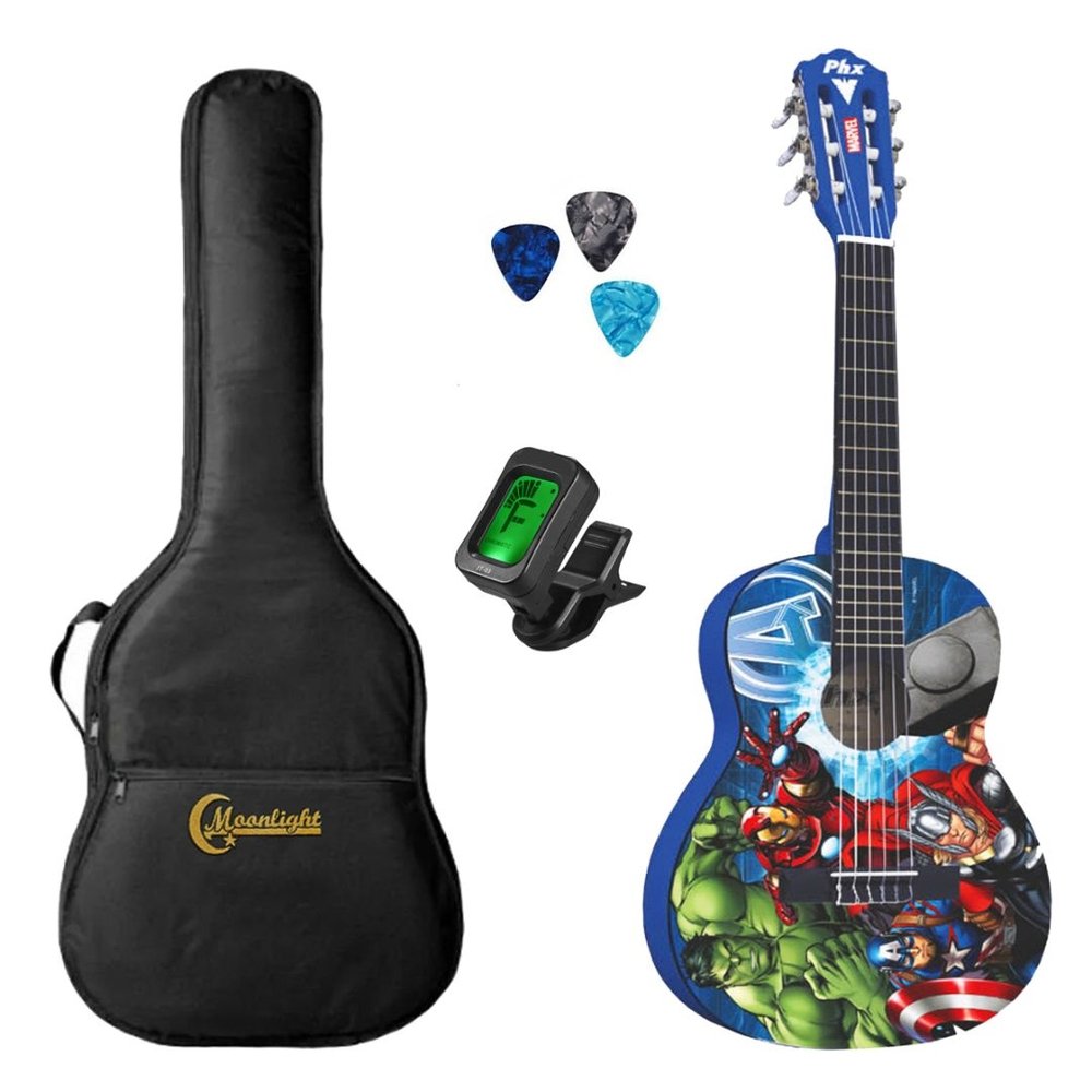 Kit Violão Infantil Azul phx Marvel Avengers VIM-A1 Tamanho 1/2 Com Afinador, Capa e Palhetas
