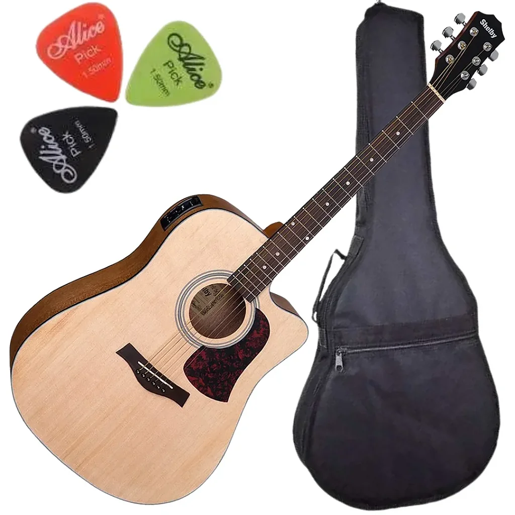 Kit Violão Shelby Sgd193c Elétrico Folk Aço Stnt Natural Fosco Simples