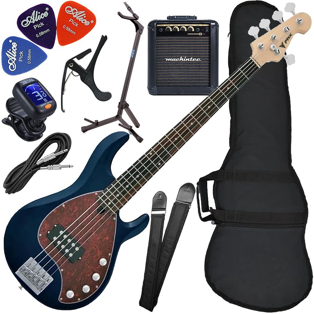 Kit Contrabaixo Elétrico Phx Msr-5 Dbl Five 5 Cordas Azul