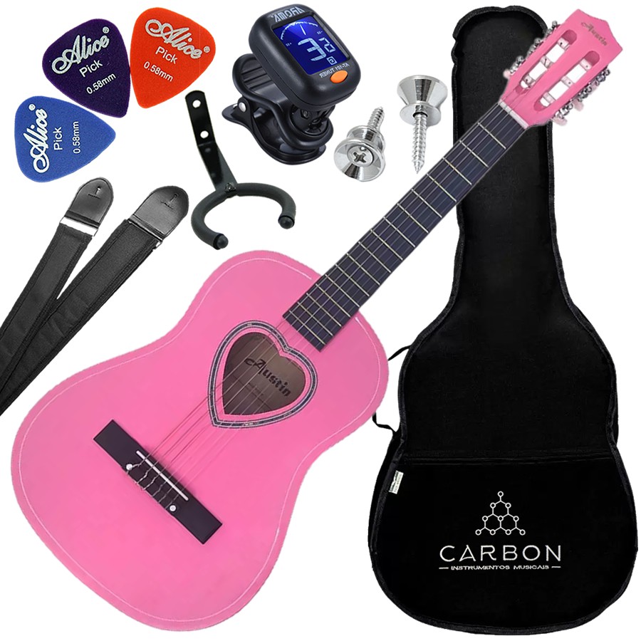Kit Violão Acústico Nylon Austin 941SPK Rosa Juvenil Pink Coração Vx04
