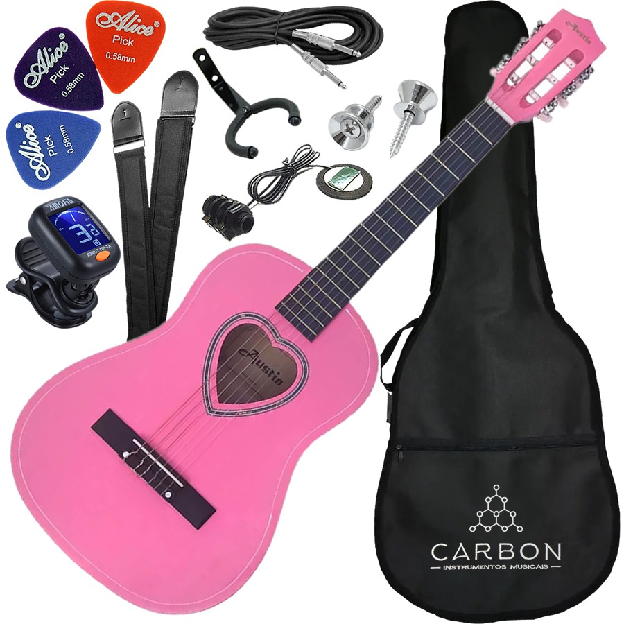 Kit Violão Elétrico Nylon Austin 941SPK Rosa Juvenil Pink Coração Vx07