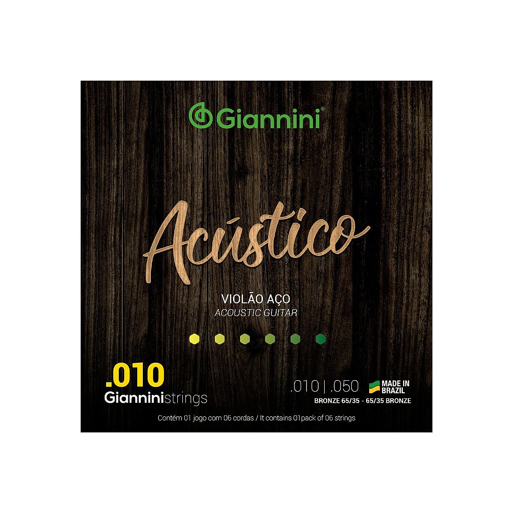 Encordoamento Violão Aço 6 Cordas Giannini Acústico Bronze 65/35 GESWAM (.010 – .050)