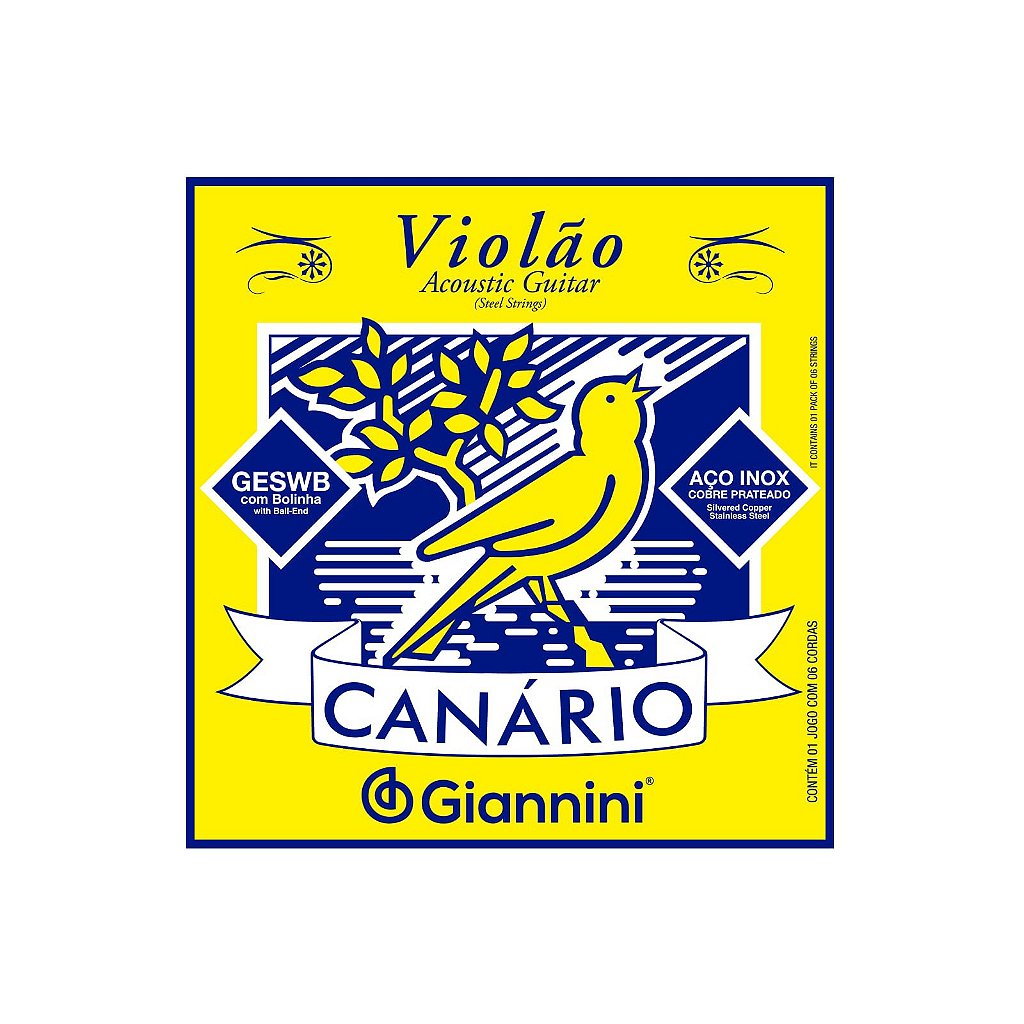 Encordoamento Violão Aço 6 cordas Giannini Canário GESWB (.011 – .045) Média com bolinha