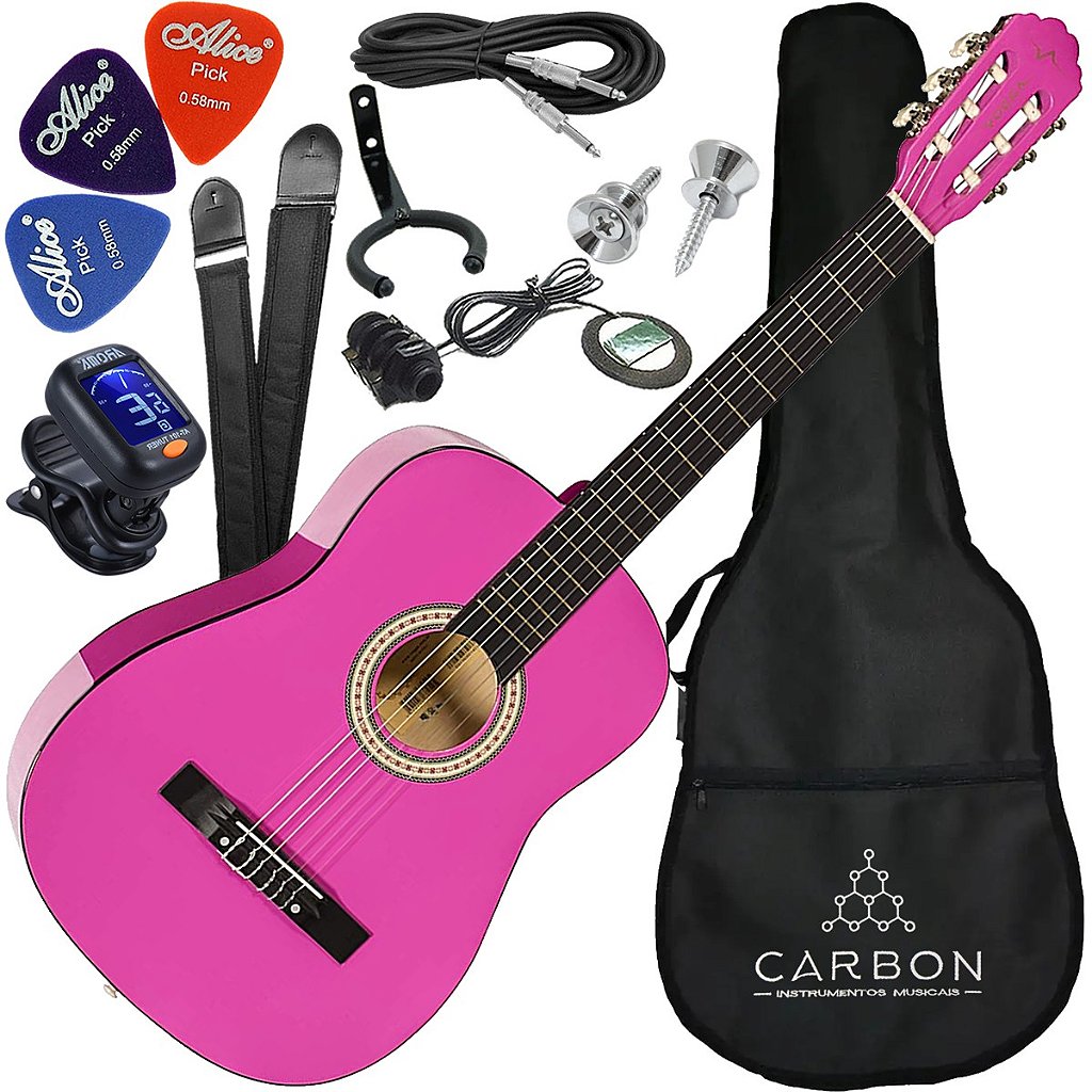 Kit Violão Eletroacústico Vogga VCA105N Nylon Clássico 38” PK Rosa VX07