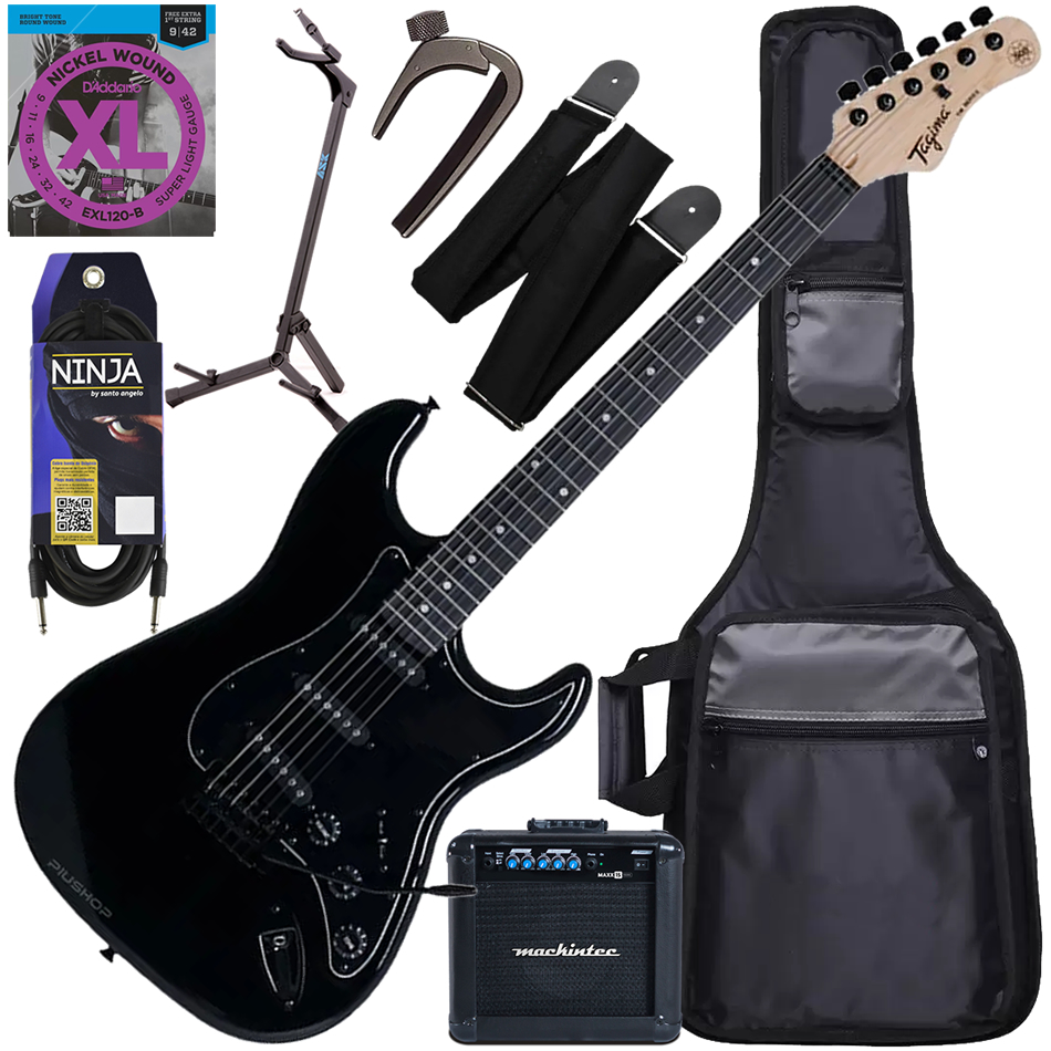 Kit Guitarra Elétrica Strato Tagima Woodstock Tg-500 Classic Bk Preta Gx04