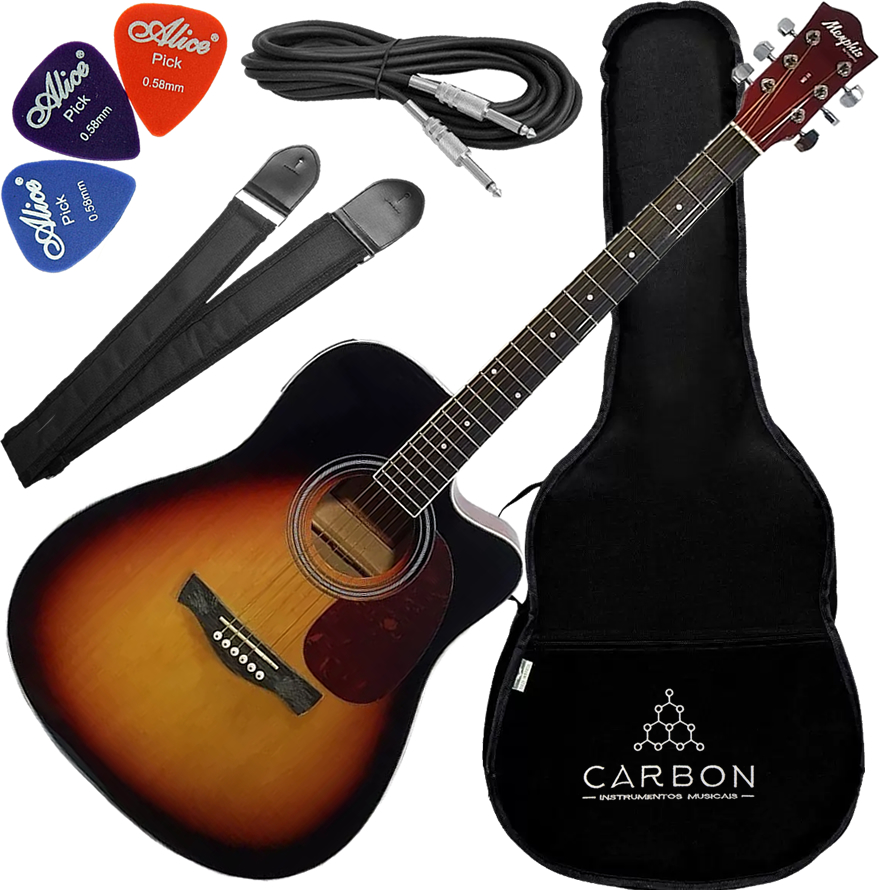 Kit Violão Elétrico Folk Aço Memphis Md18 Sunburst Vx01