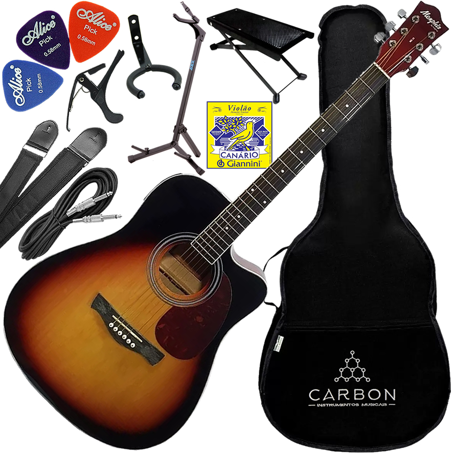 Kit Violão Elétrico Folk Aço Memphis Md18 Sunburst Vx03