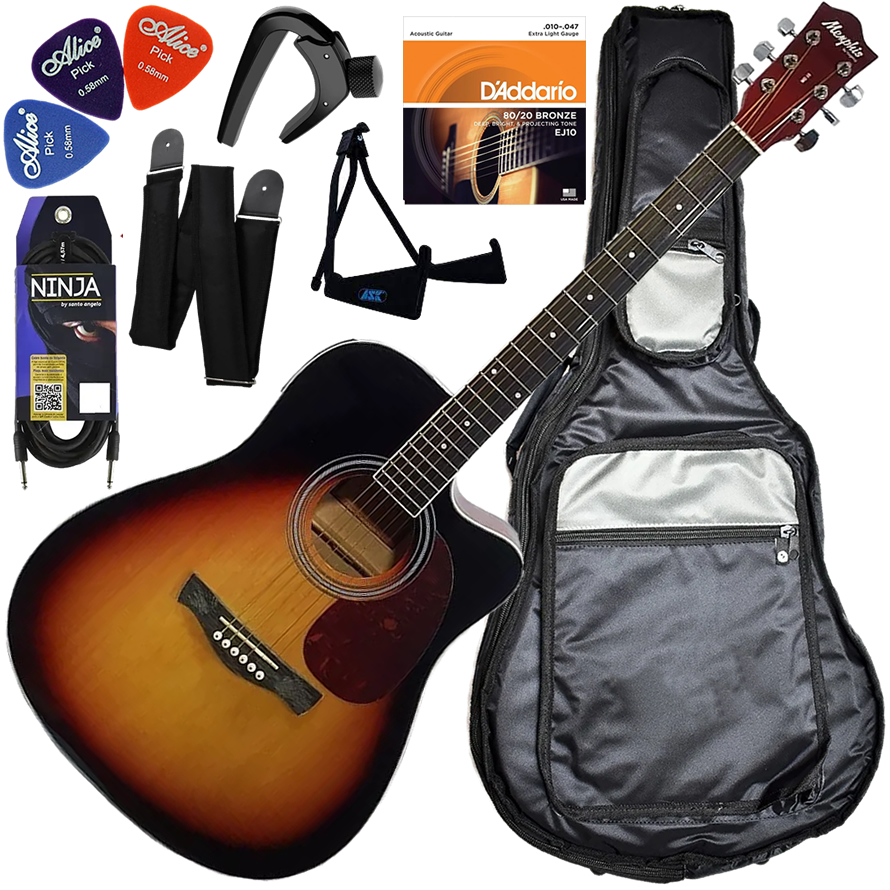 Kit Violão Elétrico Folk Aço Memphis Md18 Sunburst Vx10