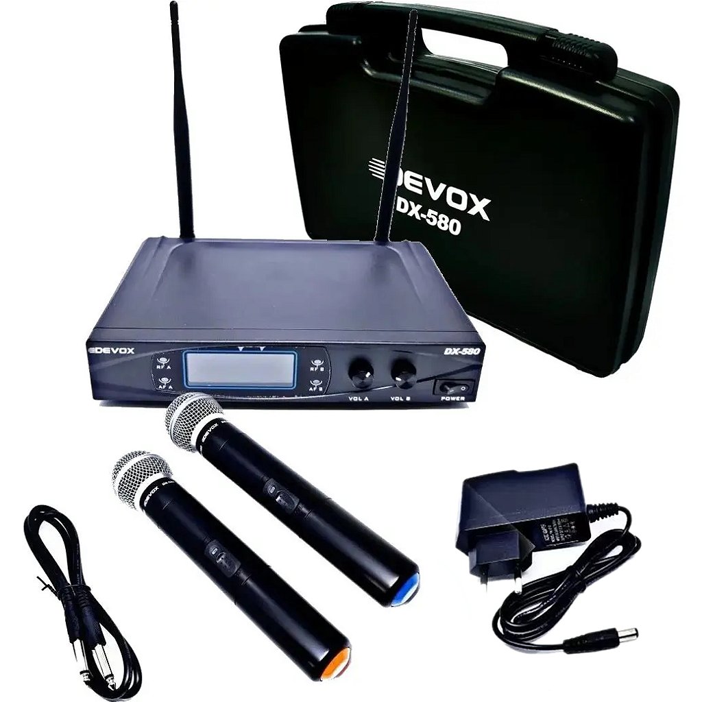 Microfone Sem Fio Duplo Com Visor Digital Devox Uhf Dx-580