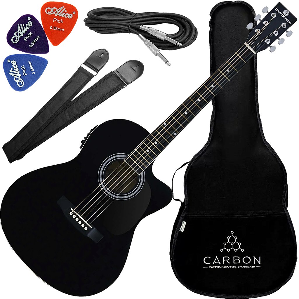 Kit Violão Eletroacústico Harmonics GE-21 Aço Preto Vx01