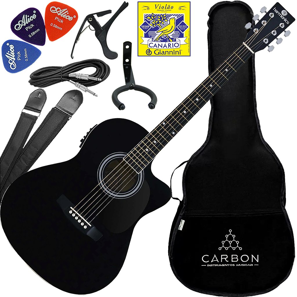 Kit Violão Eletroacústico Harmonics GE-21 Aço Preto Vx02