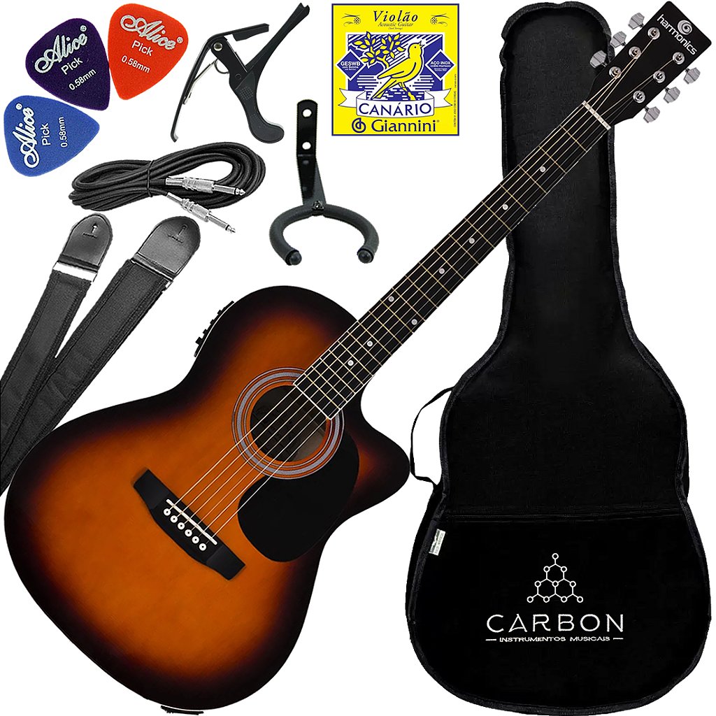 Kit Violão Eletroacústico Harmonics GE-21 Aço Sunburst Vx02