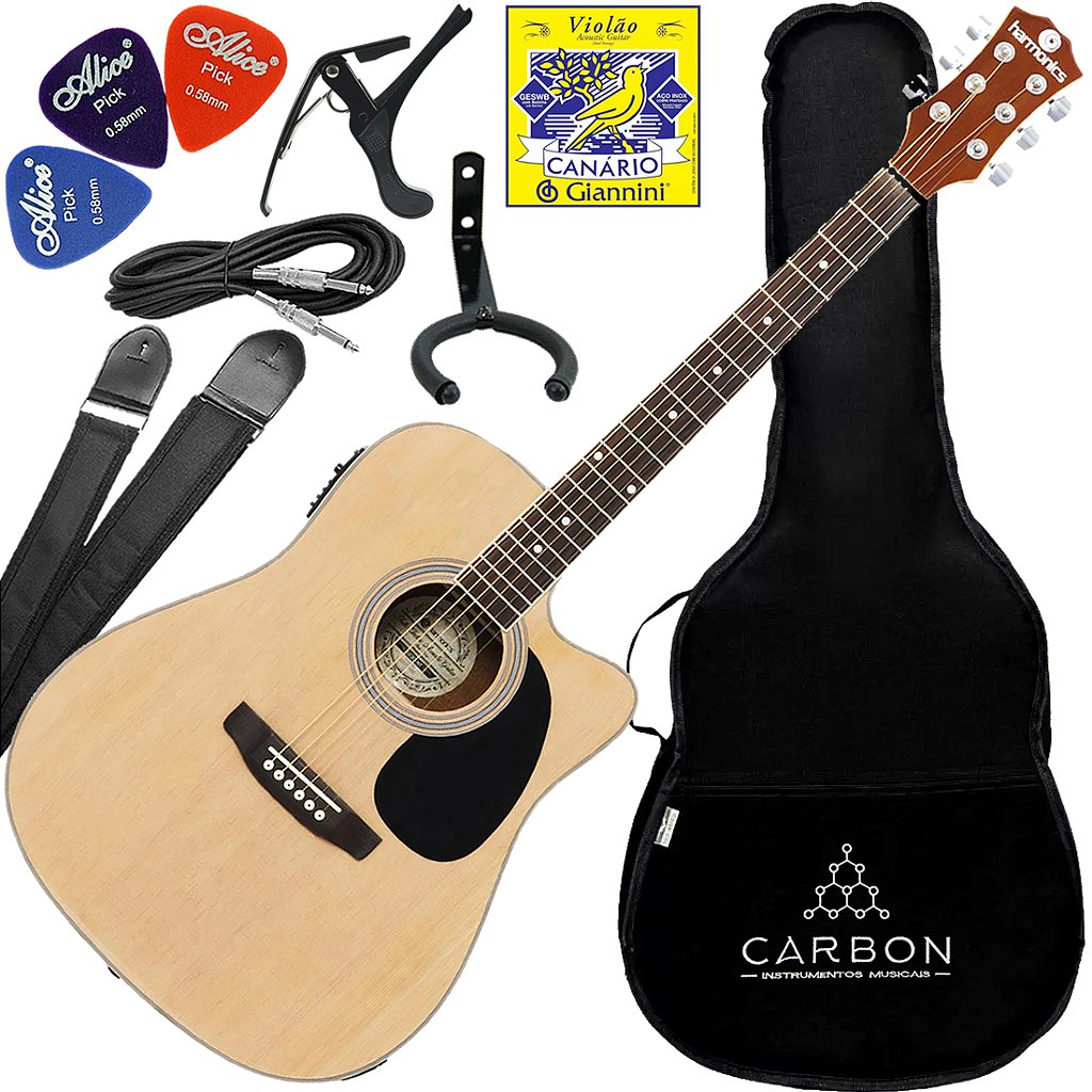 Kit Violão Eletroacústico Harmonics GE-30 Aço Folk Natural Vx02