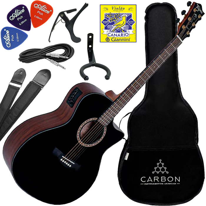 Kit Violão Elétrico Tagima California Medium Jumbo Aço Preto BK Vx02