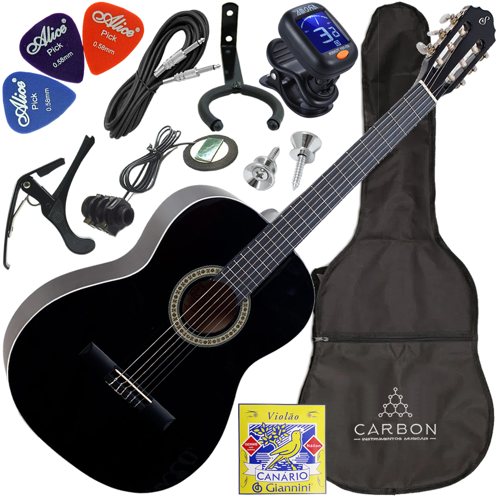 Kit Violão Classico Elétrico Nylon Giannini N14 Preto + Acessórios