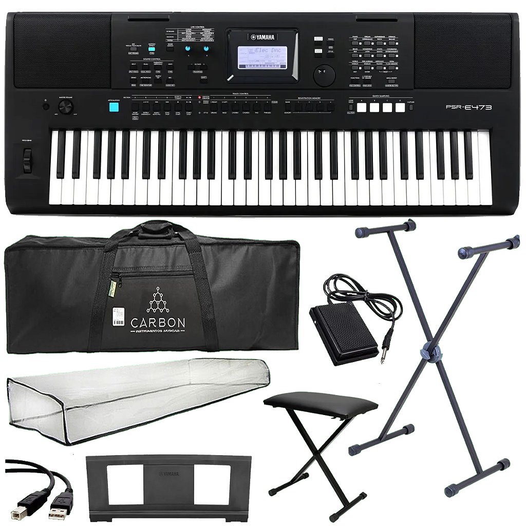 Kit Teclado Yamaha PSR-E473 Arranjador 61 Teclas Preto Tx03