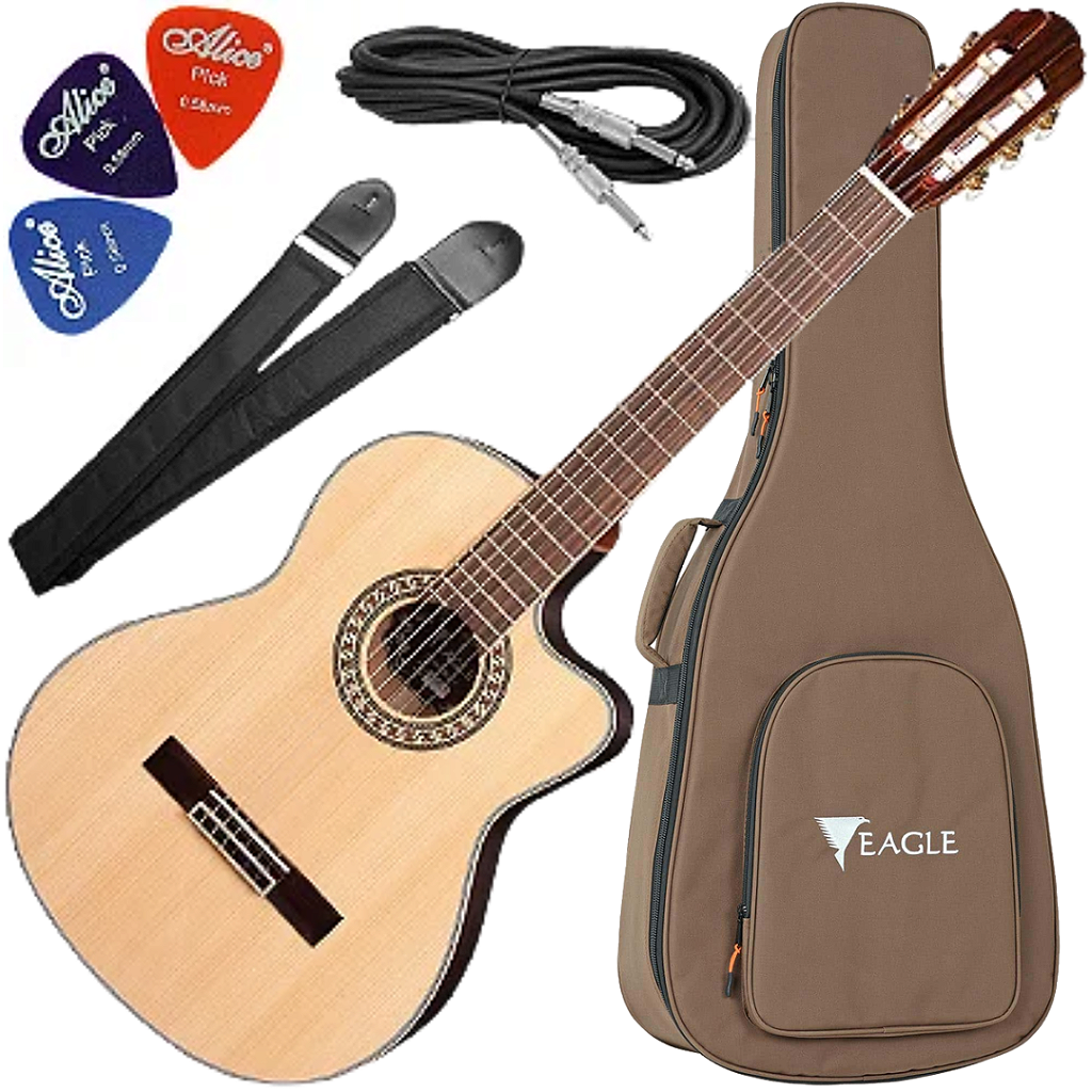 Kit Violão Eletroacústico Eagle Emn880c Nylon Clássico Cutaway Vx01