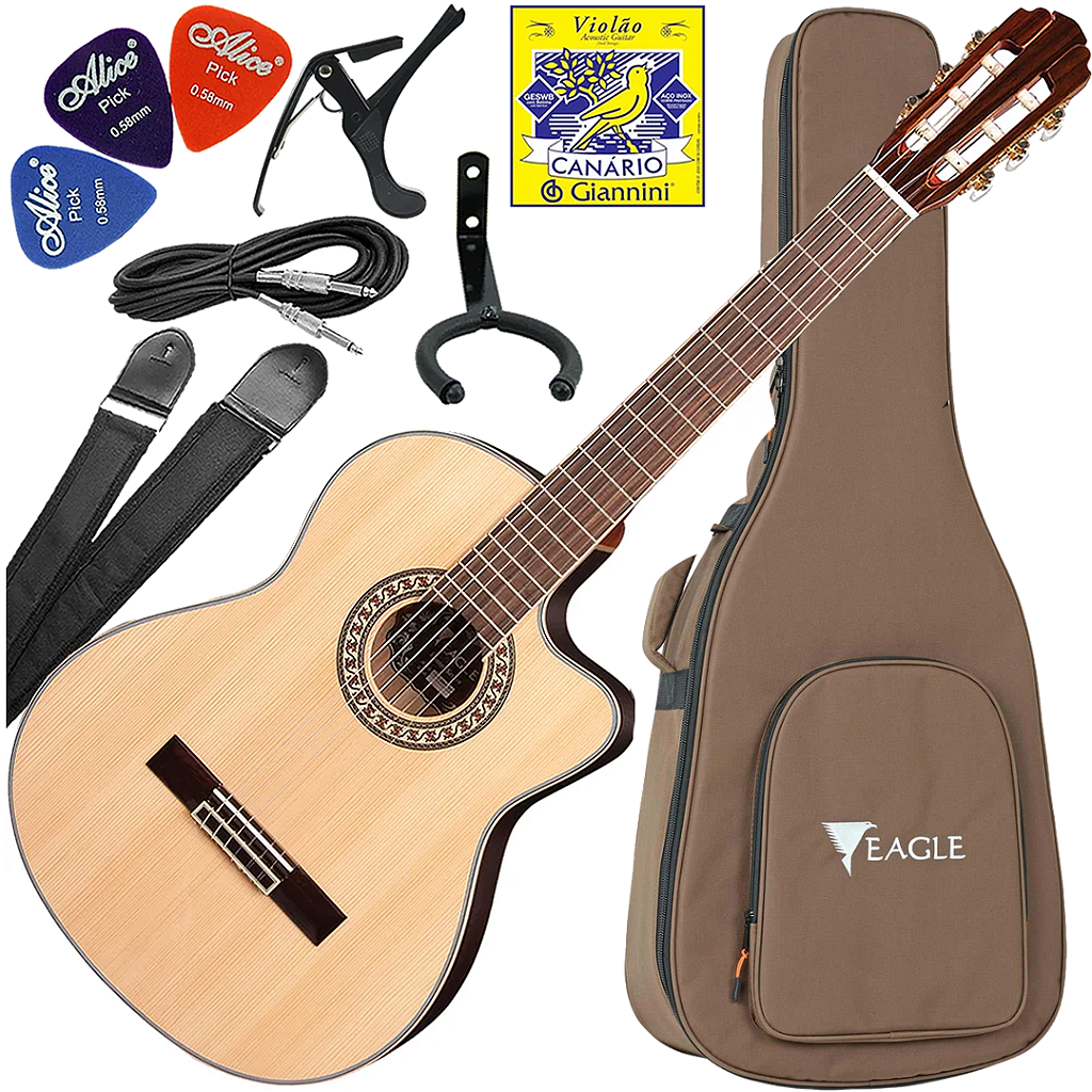 Kit Violão Eletroacústico Eagle Emn880c Nylon Clássico Cutaway Vx02