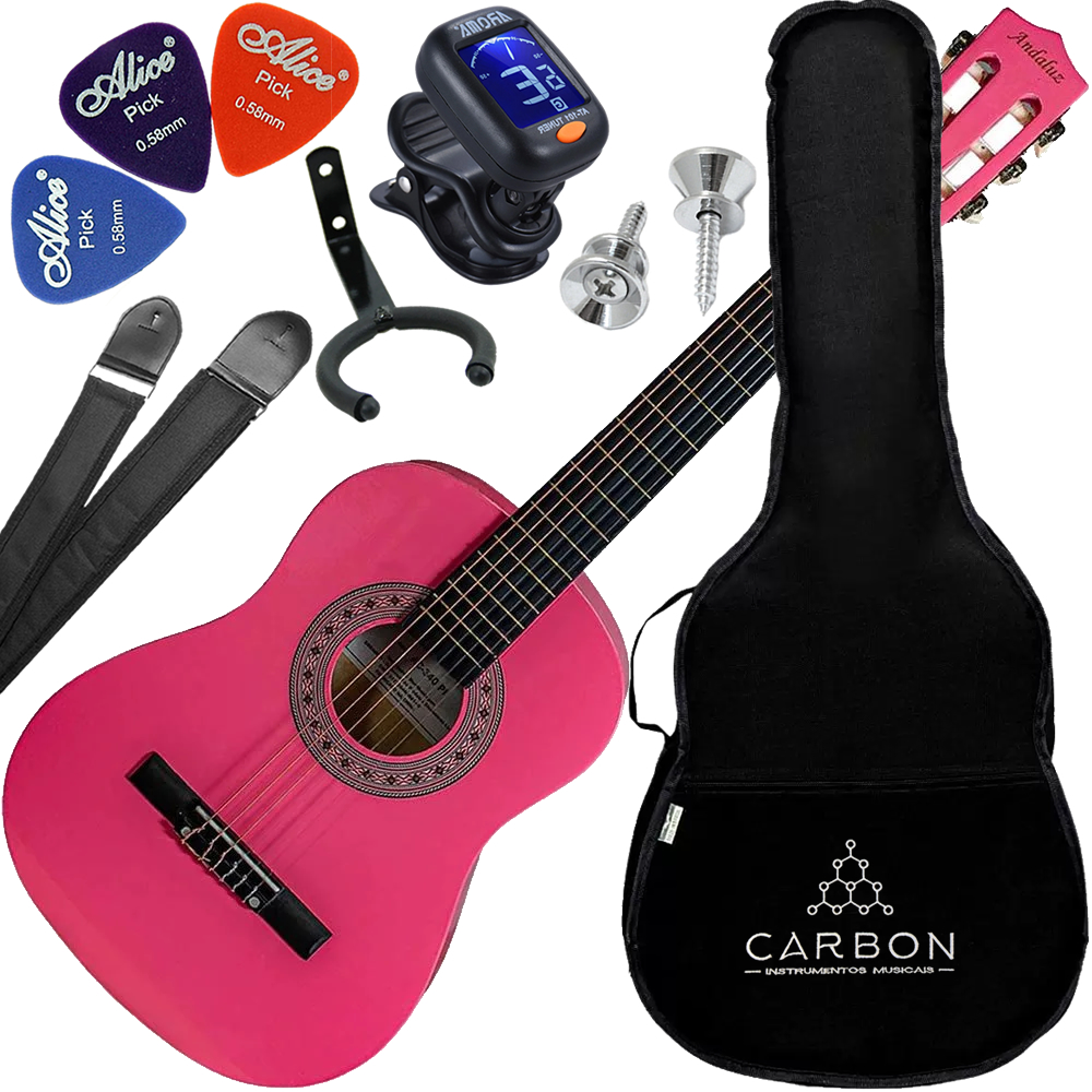 Kit Violão Acústico Infantil Nylon Andaluz AC-340 Rosa Vx04