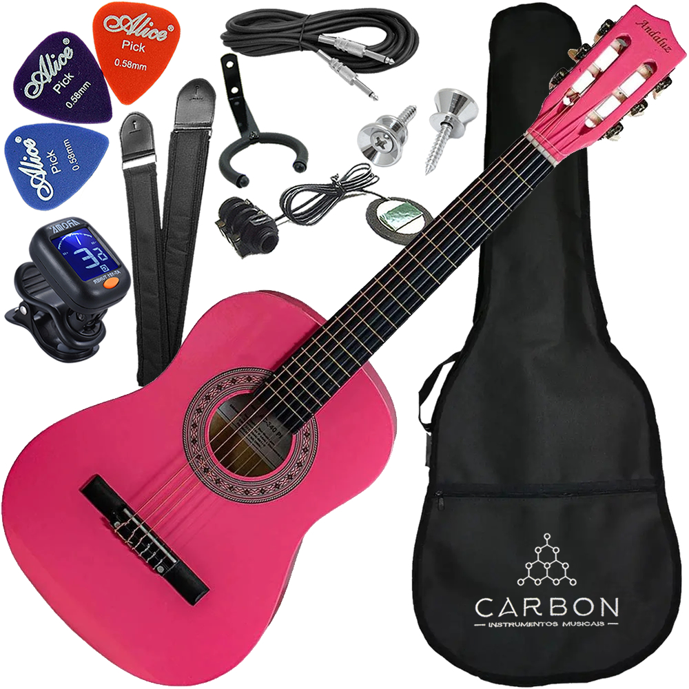 Kit Violão Elétrico Infantil Nylon Andaluz AC-340 Rosa Vx07