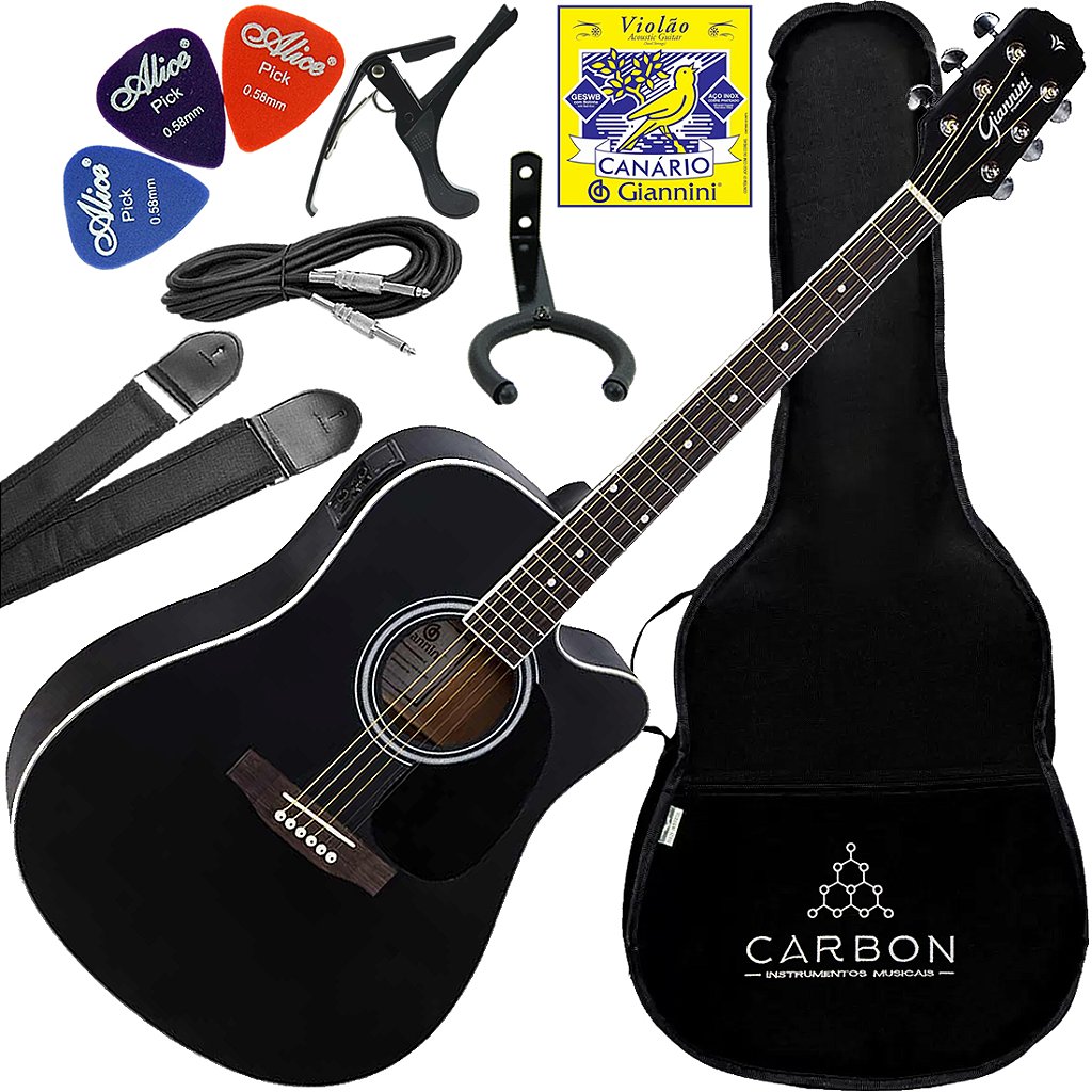 Kit Violão Folk Eletroacústico Aço Giannini GDC-1 CEQ SBK Vx02